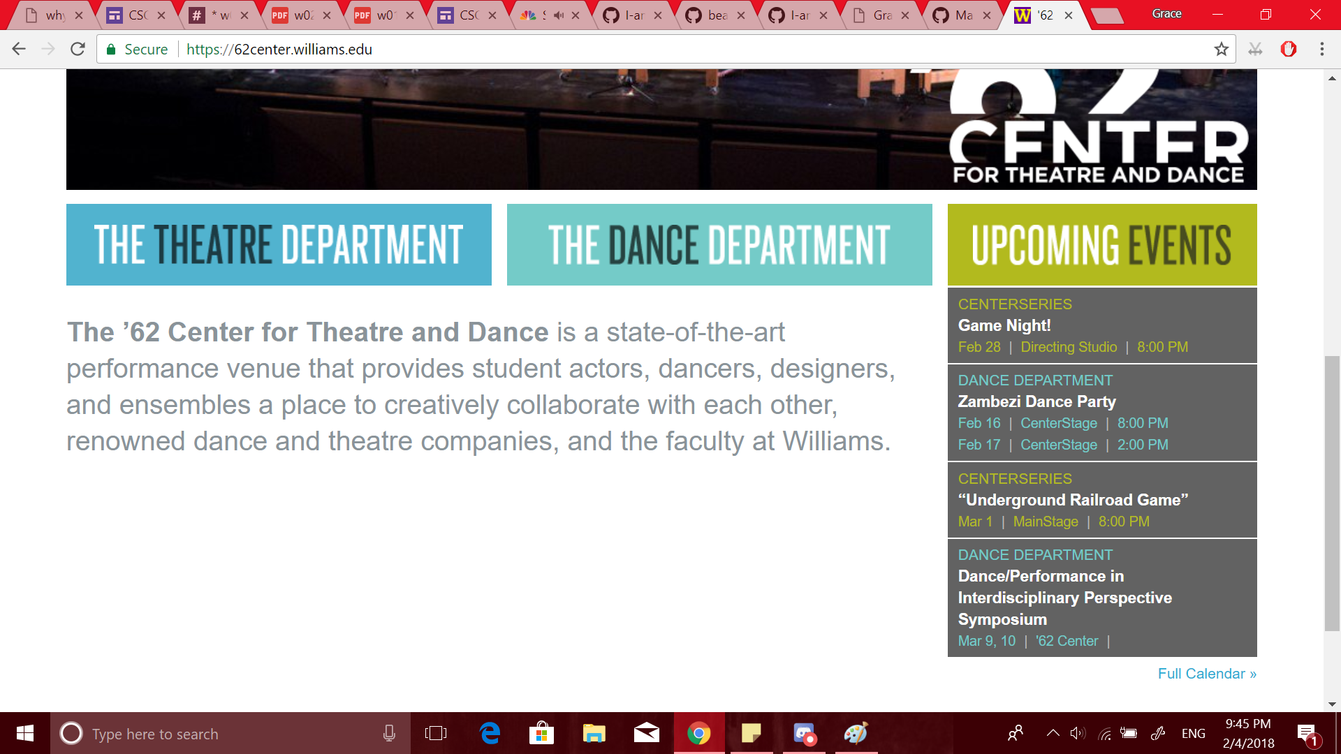 Bottom of the website for the '62 Center for Theatre and Dance