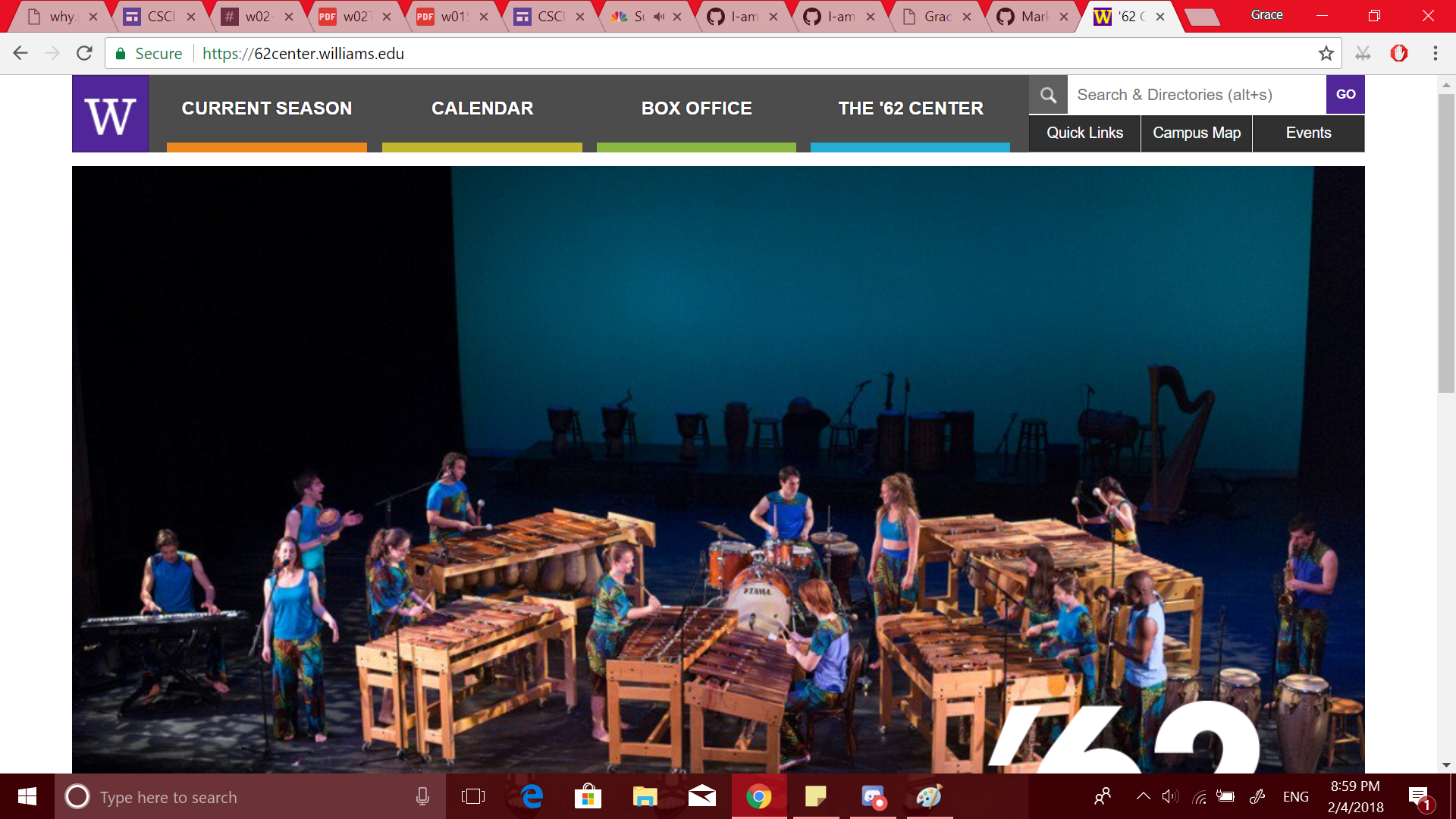Top of the website for the '62 Center for Theatre and Dance