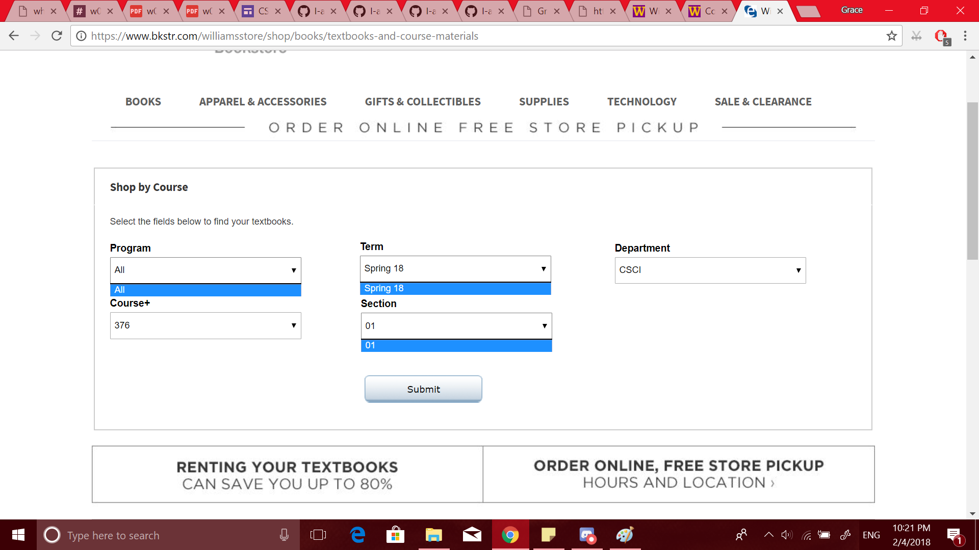 The Williams College Bookstore Site, edited to show all single-option drop menus simultaneously